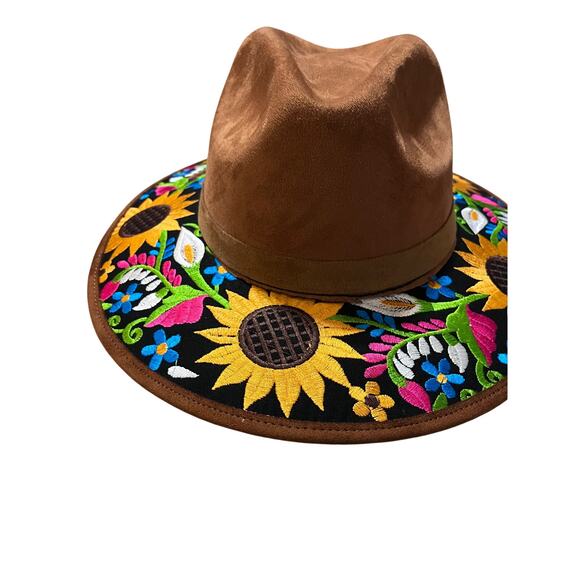 Sunflower Embroidered Brown Suede Felt Fedora Cowboy Artisanal Hat - Picture 4 of 6